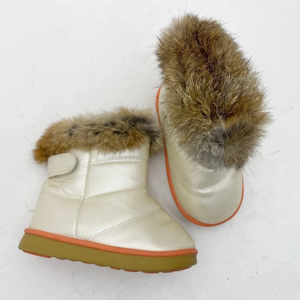 Comfy Kids Metallic Pearl Rabbit Fur Trim Winter Snow Boots‎ Bear Tread Size 25